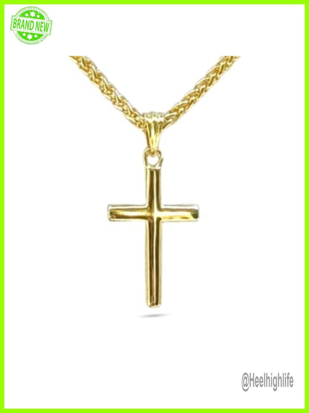 14K Solid Gold Small Cross Necklace Wheat Chain 20" Christian